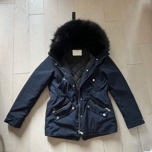 Zara Blue Puffer Jacket with Fur Trim and Hood